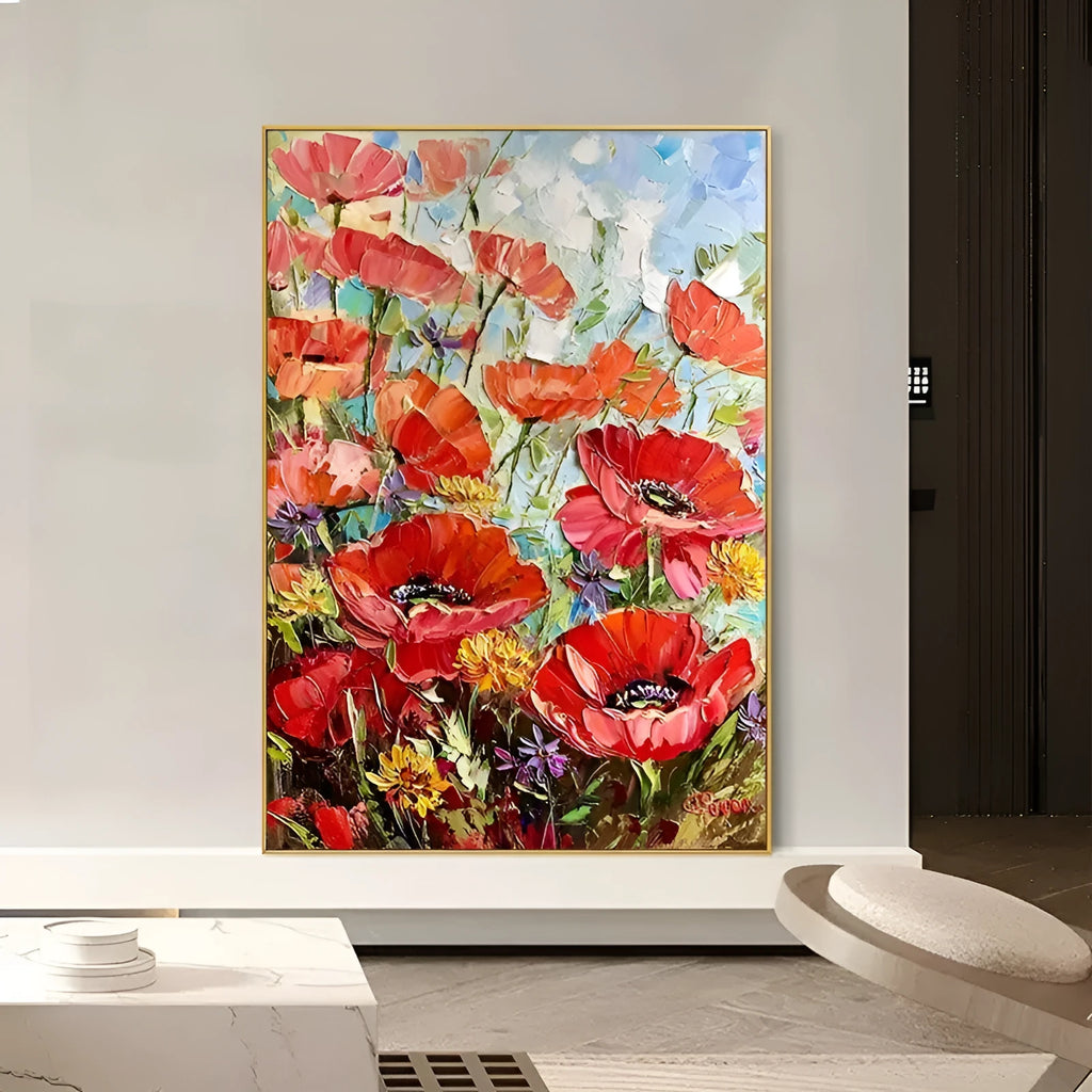 Handmade thick oil red flowers modern canvas wall art unframed