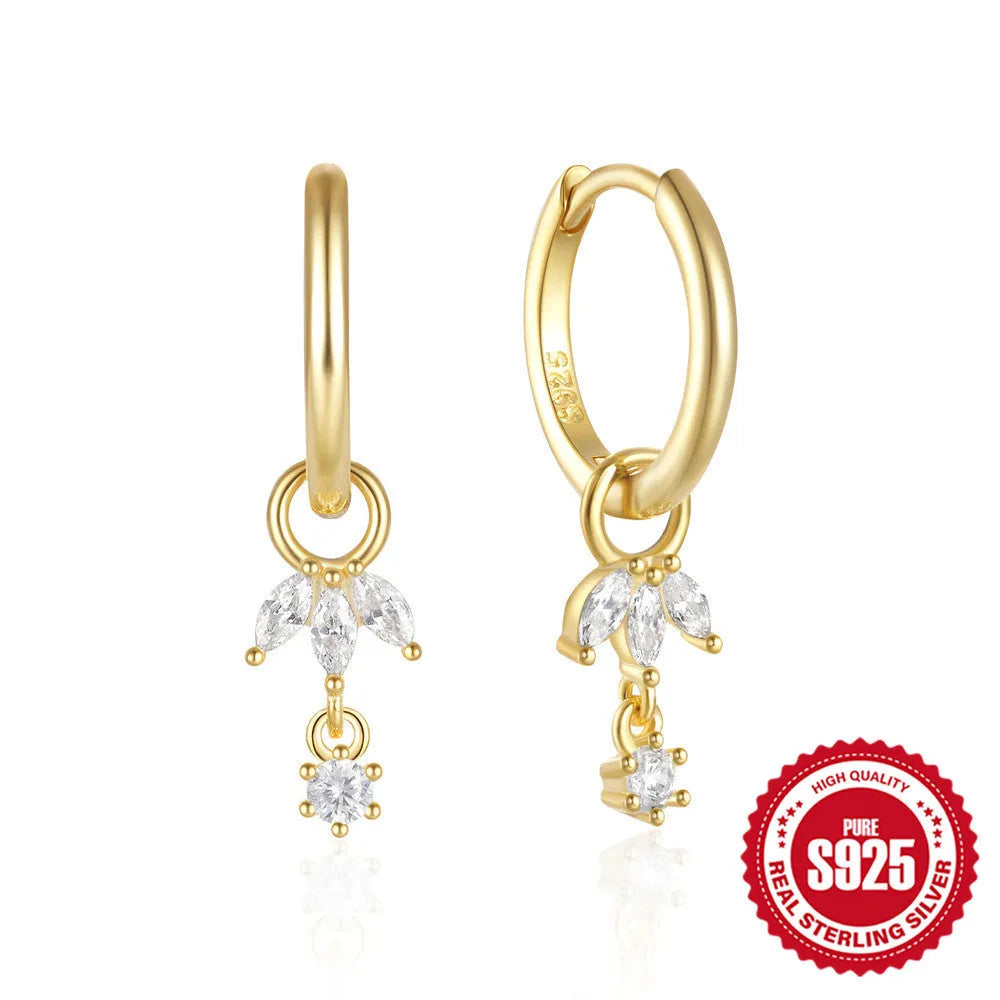 Golden three diamonds colour S925 sterling silver geometric sunflower earrings with inlaid zircon stones.