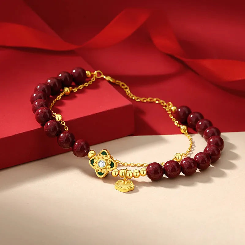 Women's sterling silver bracelet with Ruyi, Xiangyun and cinnabar flower design in colour S0495