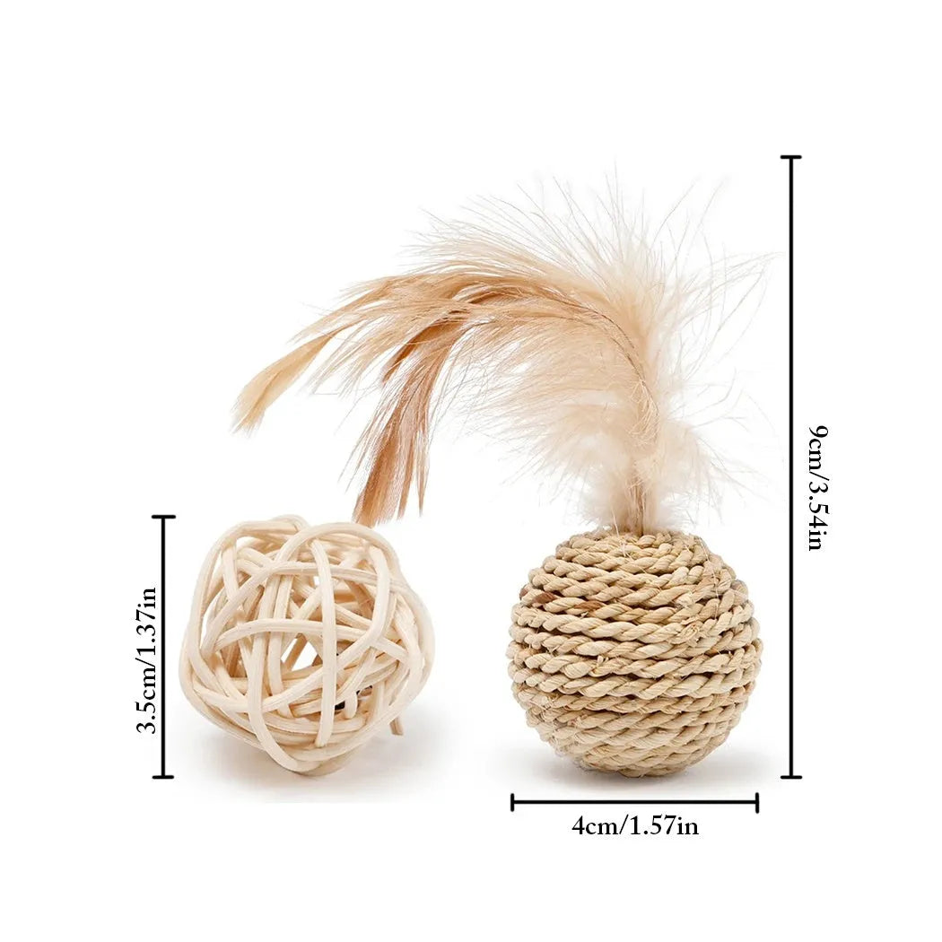 Two cat toys: rattan ball with bell and colourful faux feather ball for interactive play