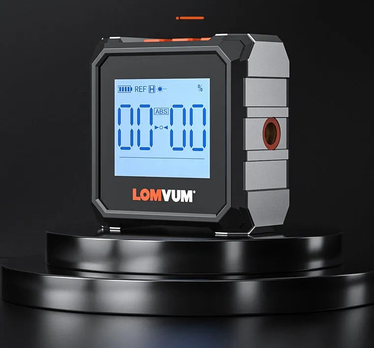 Longyun digital inclinometer with laser, showing backlit display and magnetic strips on alloy casing.