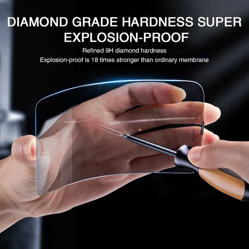 Anti-peeping tempered glass screen protector for iPhone shown against a phone.