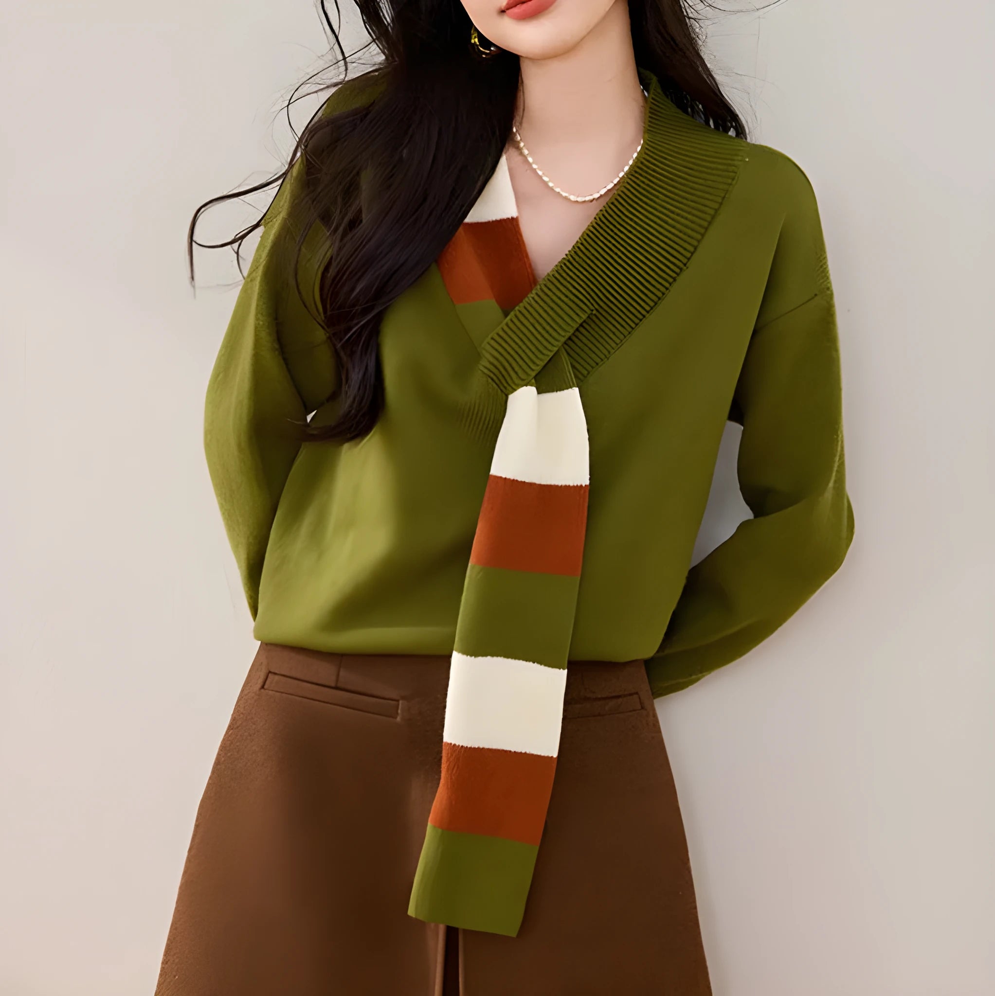 Women's striped V-neck sweater fake two piece long sleeve knit pullover loose fit green colour adult female