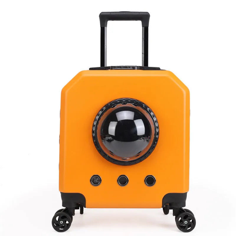 PVC hard-shell pet trolley case in orange colour with wheels and carrying handle.