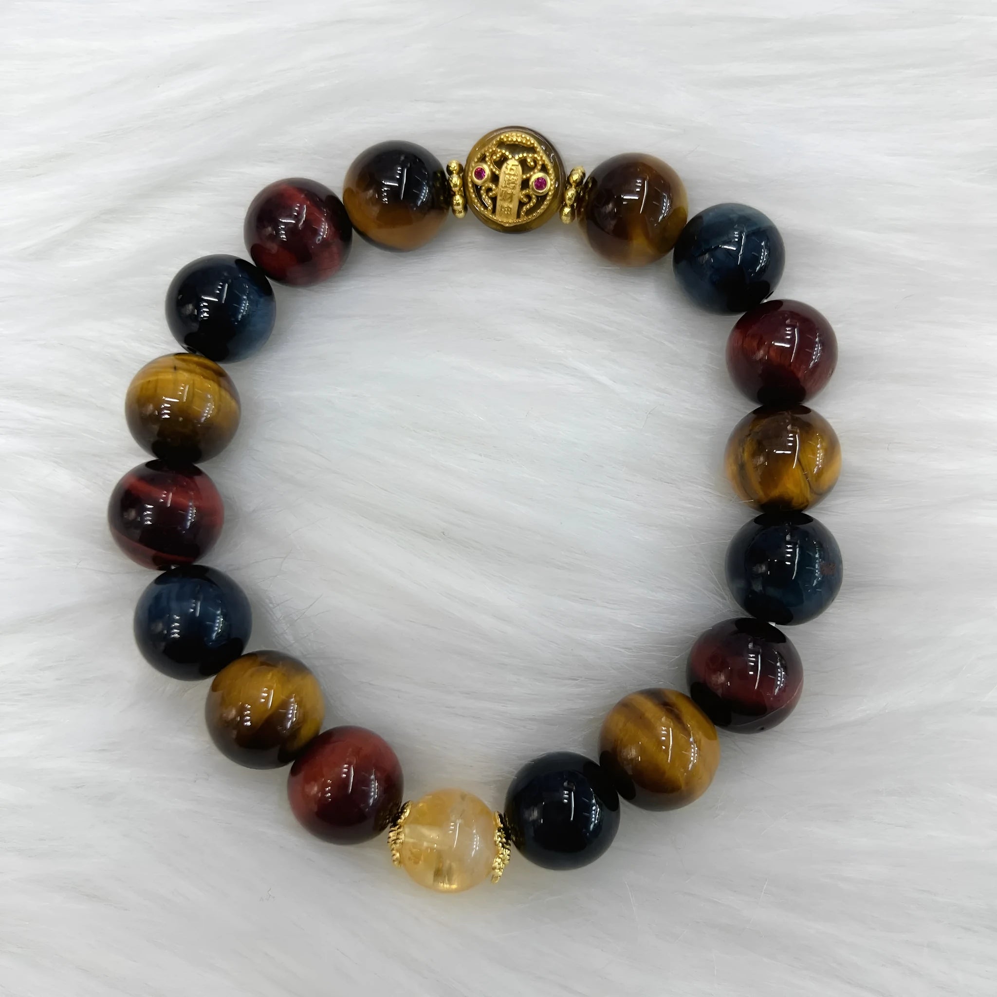 Natural colour tiger eye stone bead bracelet with maillard chain showing 18cm adjustable length
