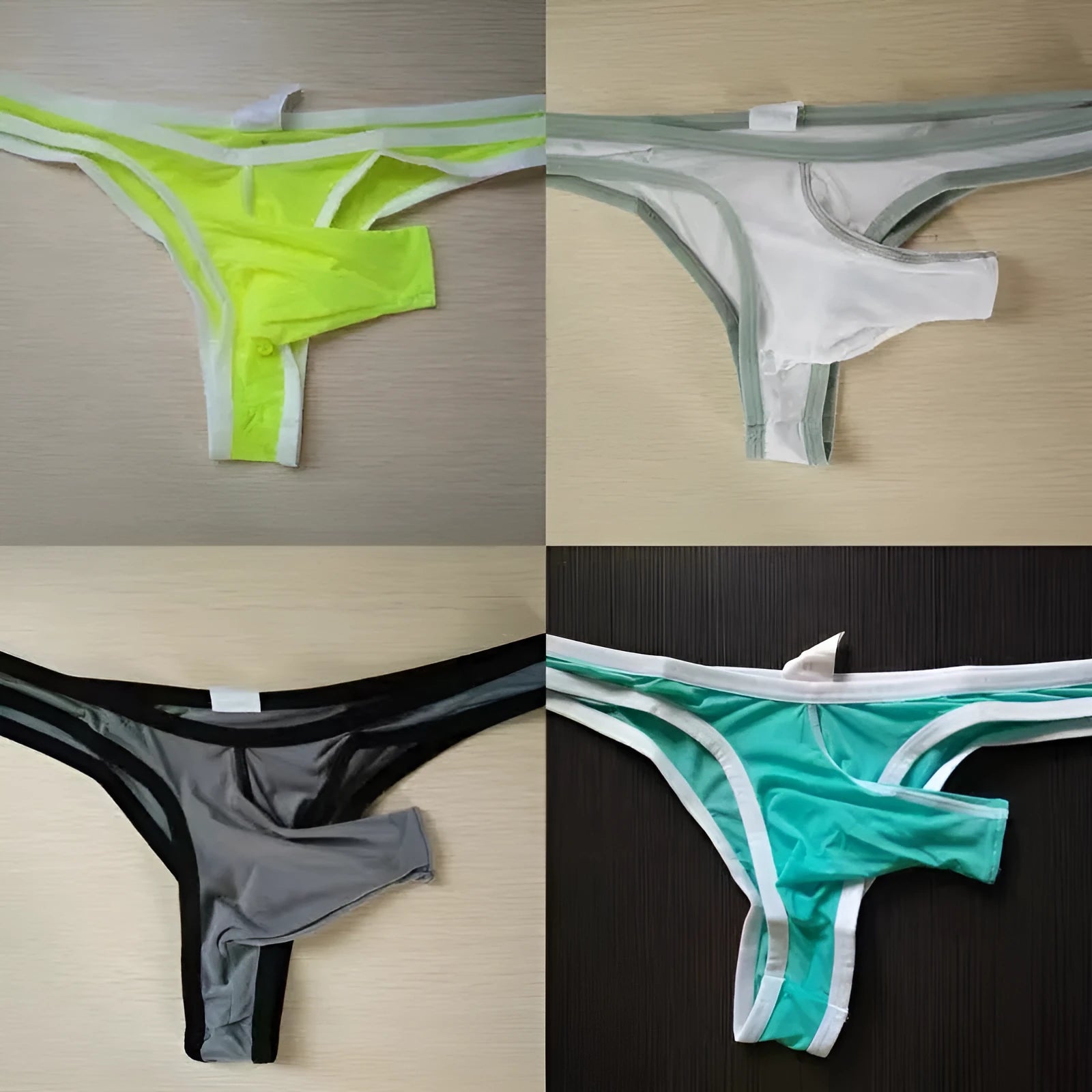 Men's ice silk nylon briefs on a white background, showing the elasticated waistband and available colour options.