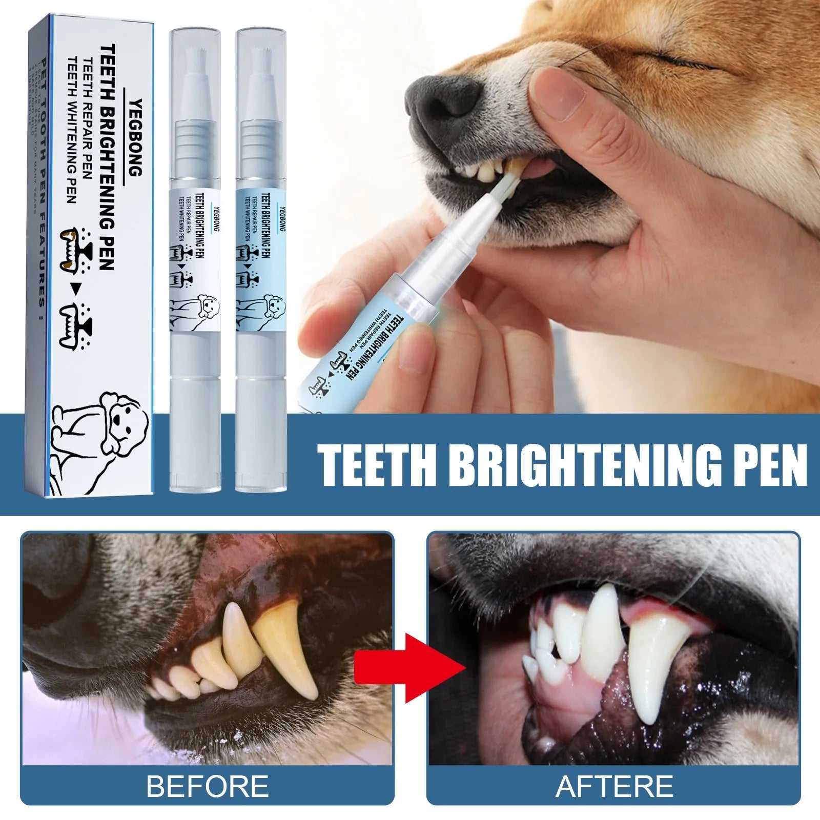 Pet teeth whitening pen and dental brushes for dog and cat tartar control