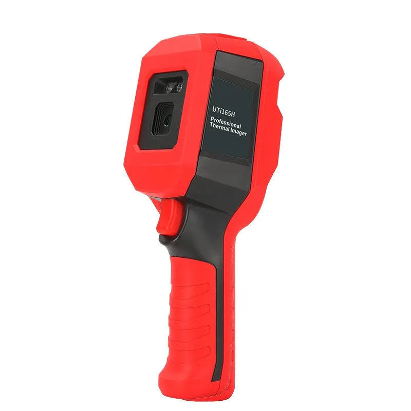 UTi series handheld infrared thermal imager on a workbench with screen displaying a thermal image.