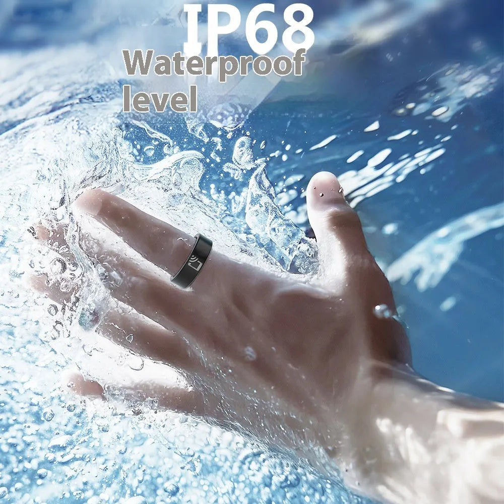 Black ceramic smart ring with health monitoring features including heart rate and blood oxygen tracking