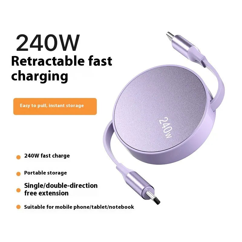 Purple telescopic Type-C data cable with aluminium alloy connector on white background