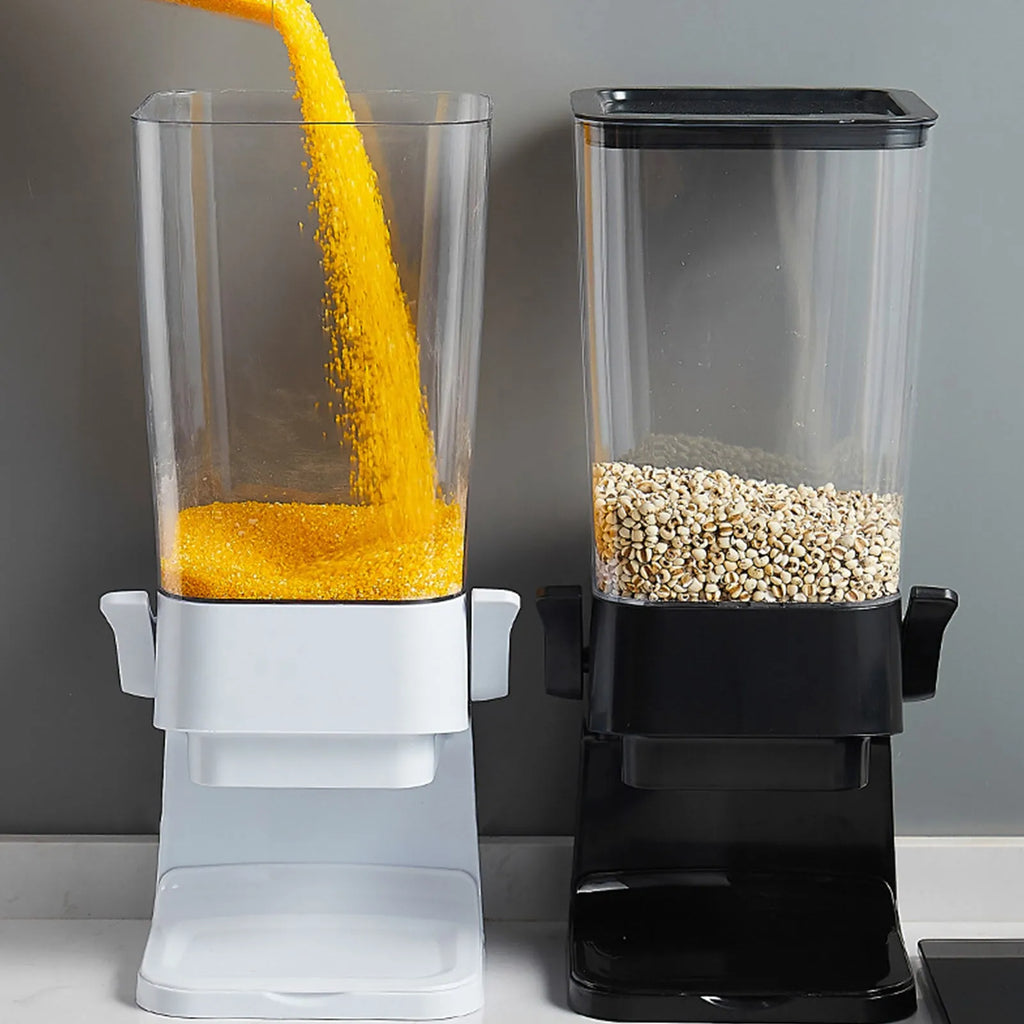 Countertop cereal dispenser in black with 5.5 quart capacity, chute opening, and removable tray