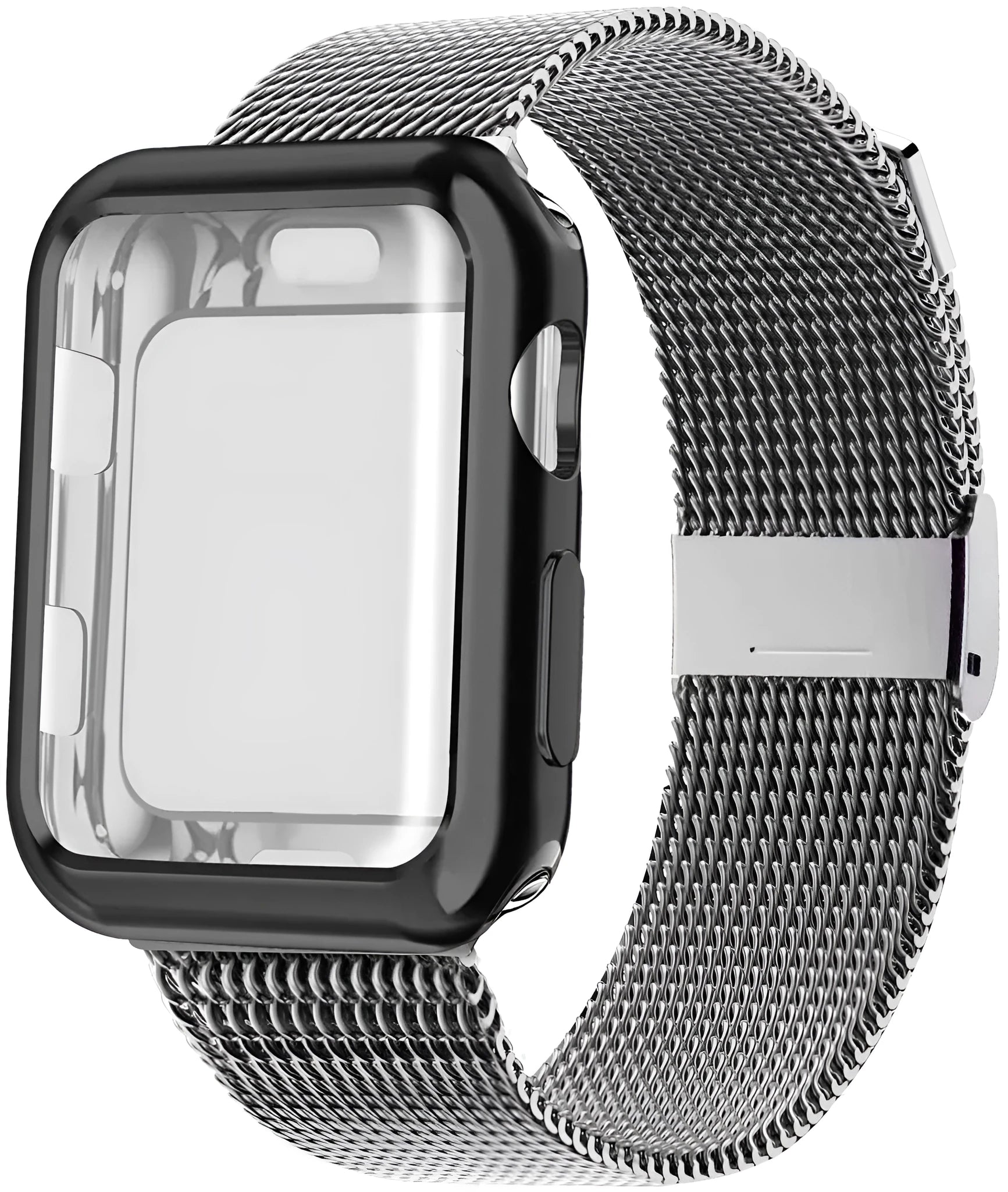 Silver Milanese loop metal strap with magnetic clasp attached to an Apple Watch on a wrist.