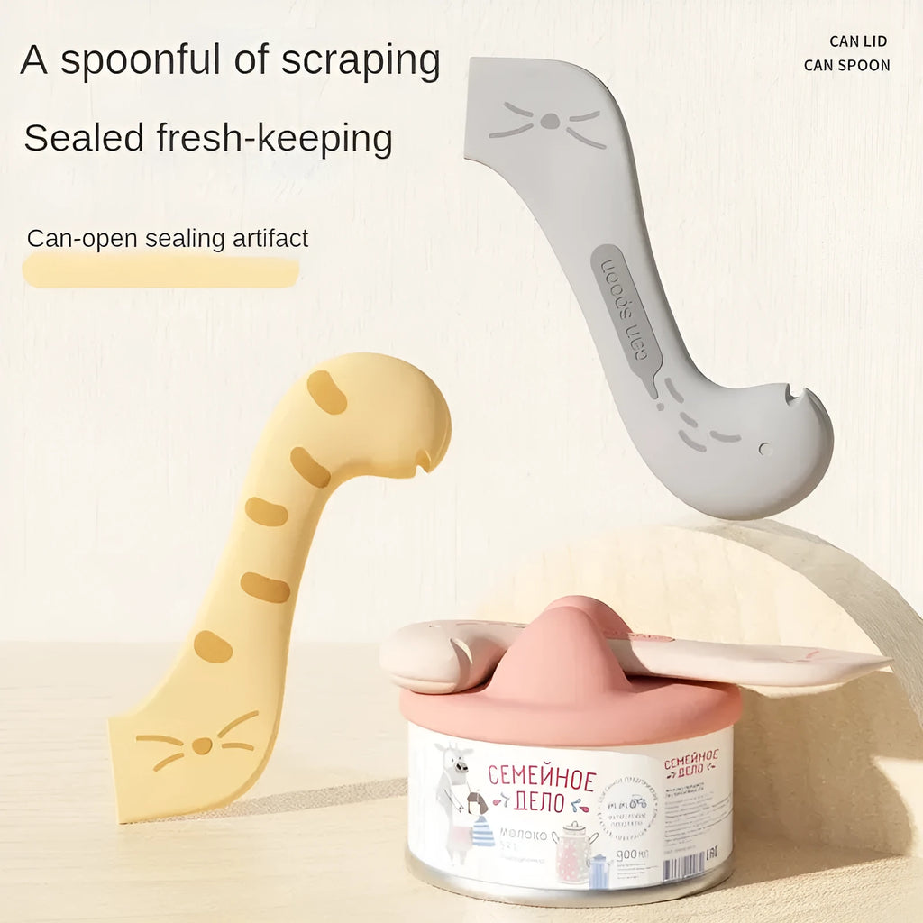 Silicone pet spoon with built-in can opener and flexible sealing cover for pet food cans