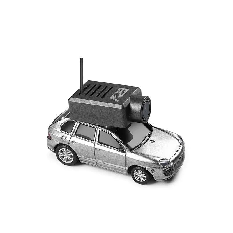 Mini remote control car with alloy body, FPV camera, and blue ambient lighting on a white background