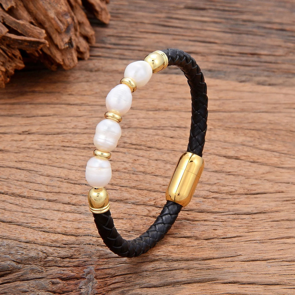 Korean style leather bracelet with irregular shaped pearls and adjustable fastening