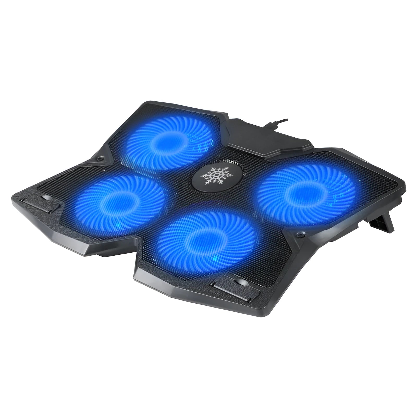 Black plastic notebook cooler with four mute fans and USB cable on a desk