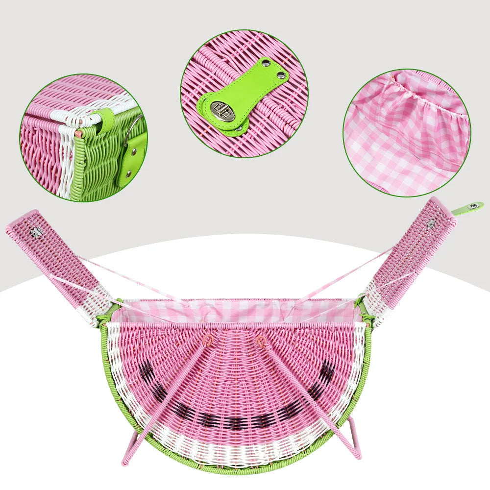 Green hand-held woven PP picnic basket with watermelon design for fruit and vegetable storage