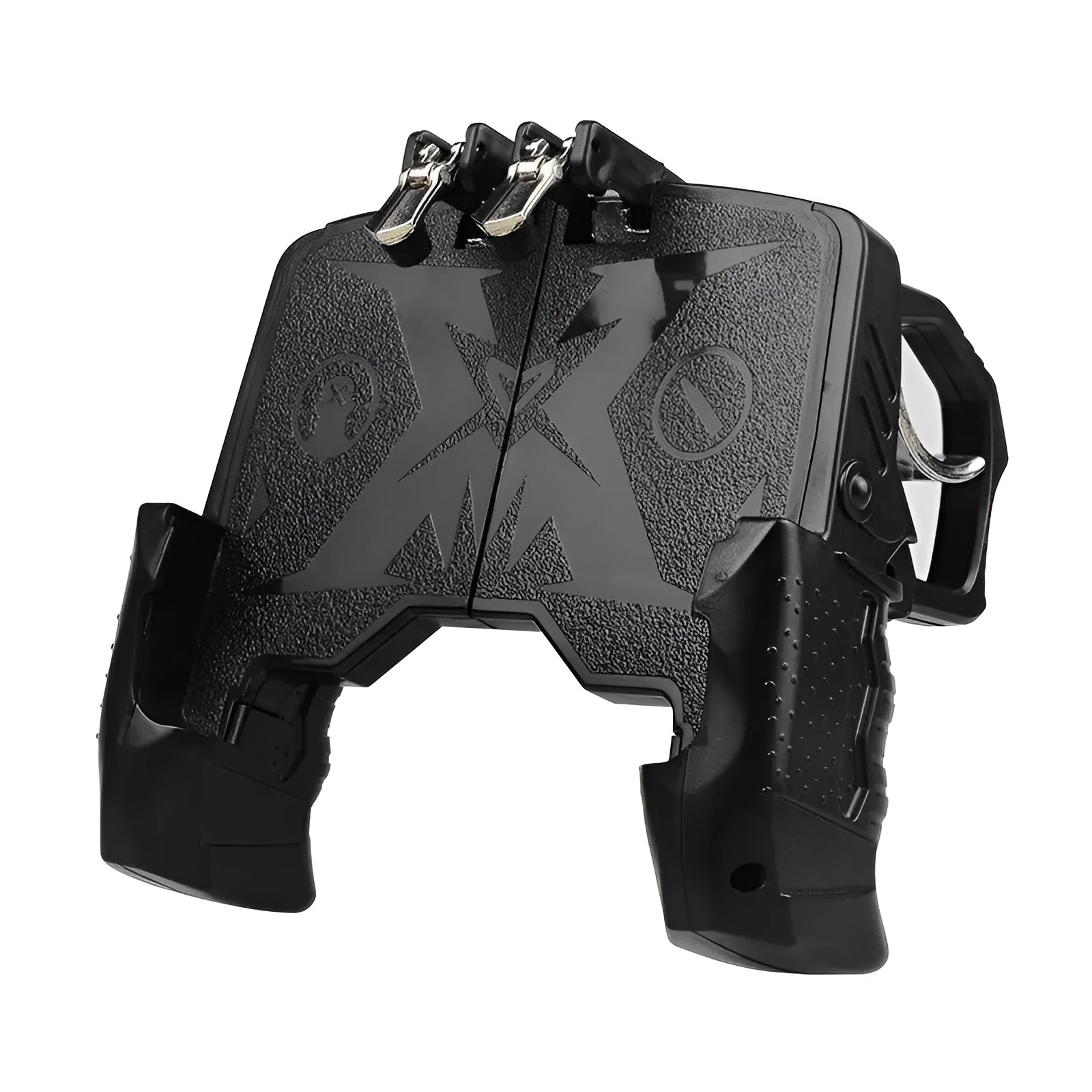 Black wired mobile phone game handle clamped onto a smartphone, showing physical buttons and 3.5mm plug.