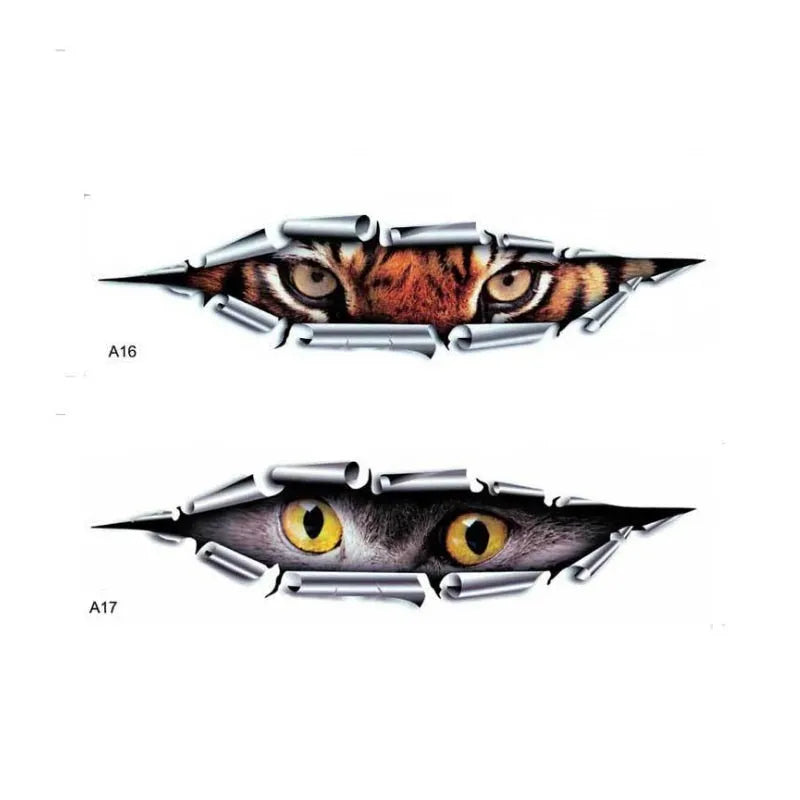 3D Tiger Eye and Eagle Eye design car bumper sticker on transparent background showing size and detail