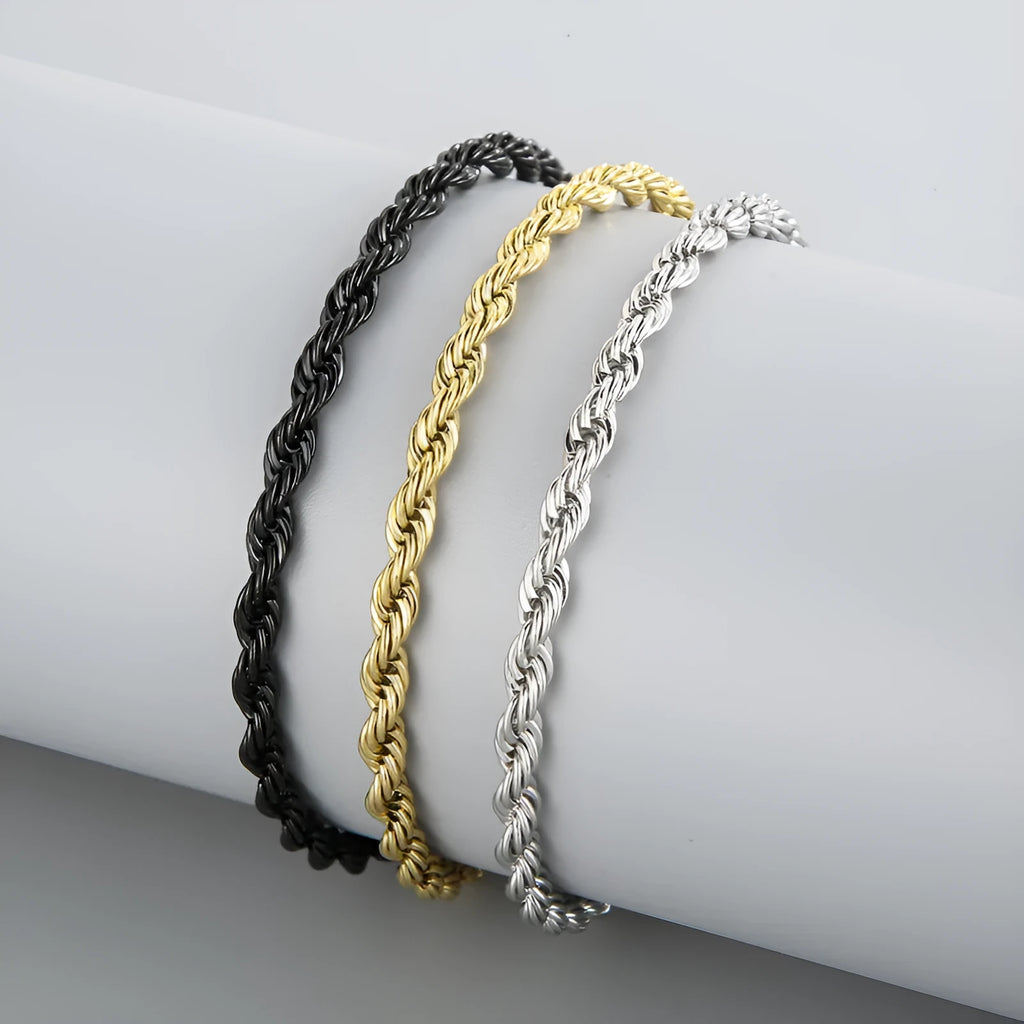 Double colour twist chain bracelet in titanium steel with electroplated finish, available in black, gold, silver