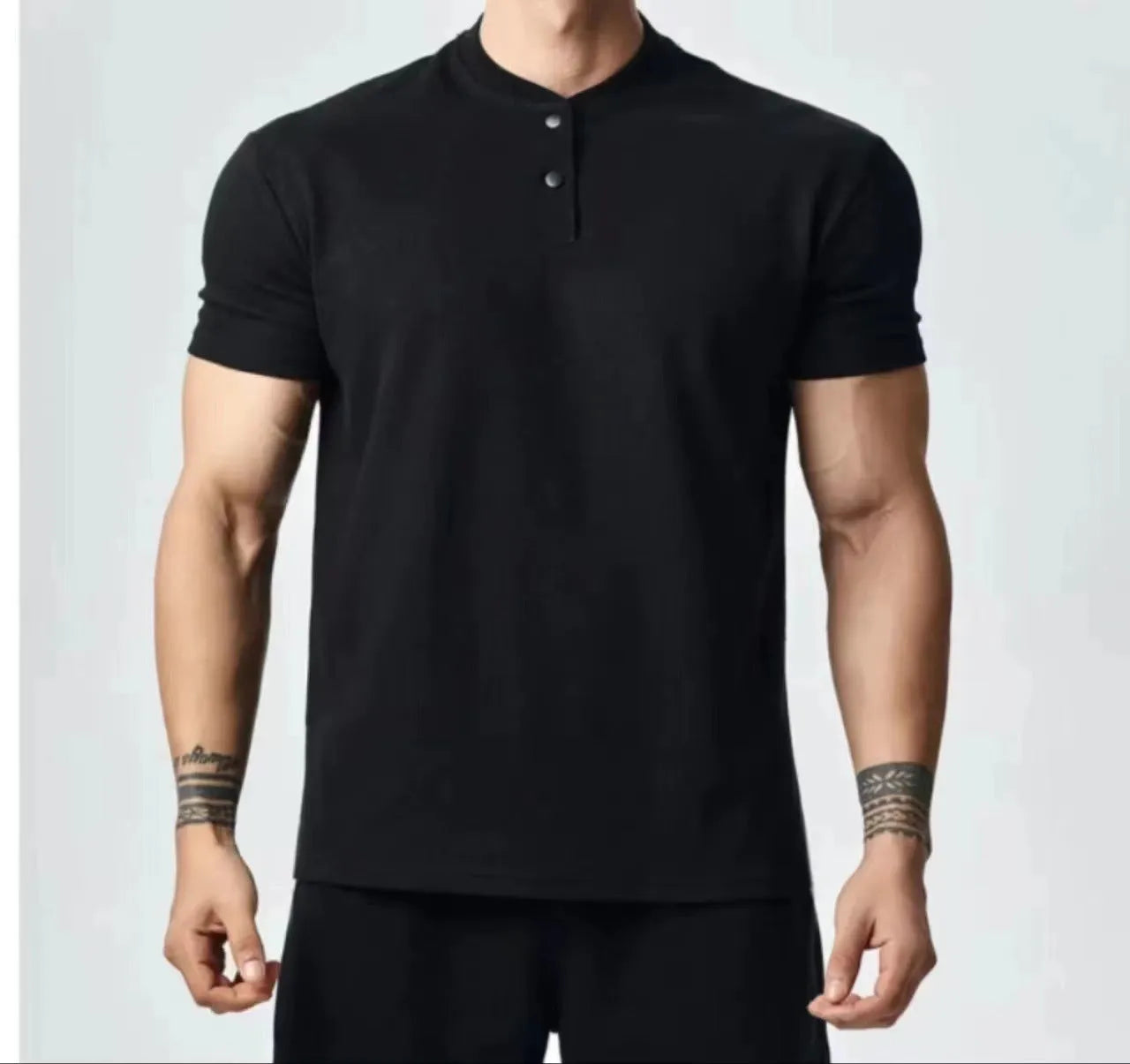 Men's loose fit polyester T-shirt in solid colour with choice of Henry or polo collar