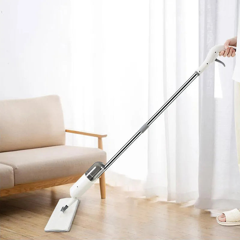 Flat squeeze mop with bucket showing 360-degree rotating head and stainless steel mop bar