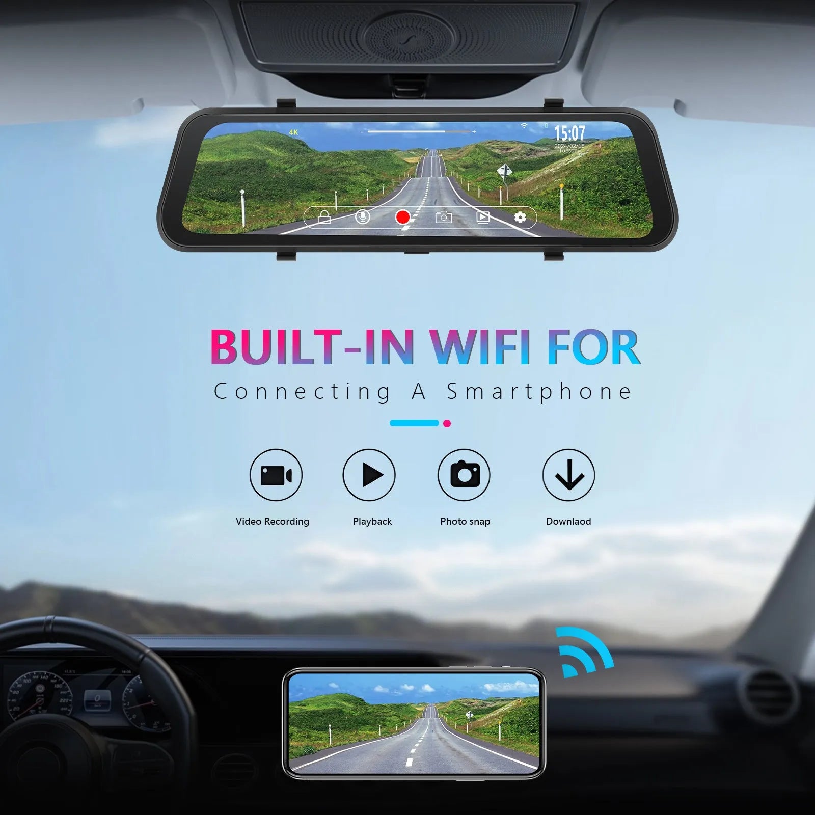 Streaming media rearview mirror with 9.66 inch touch screen displaying dual camera view