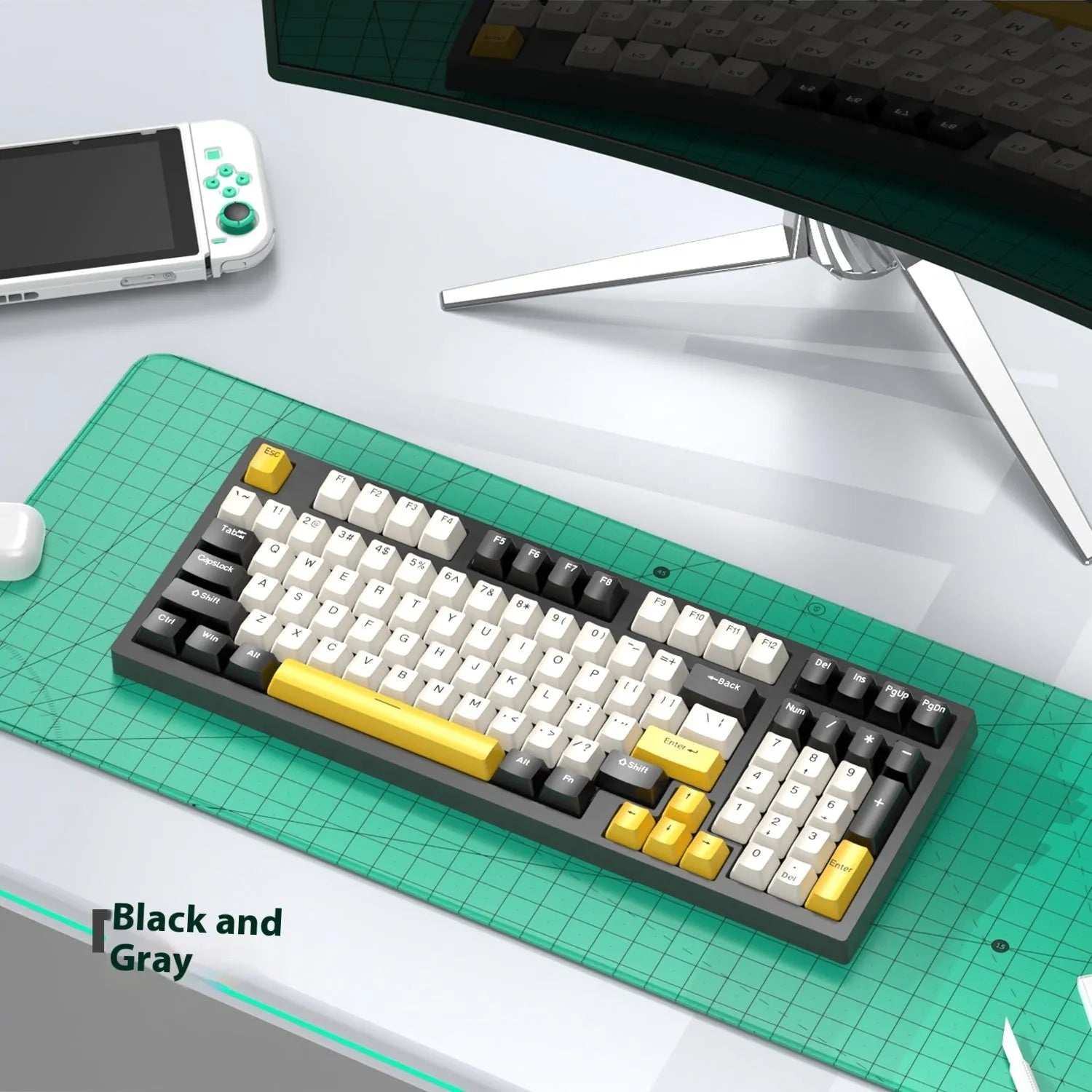 Custom mechanical keyboard and wireless mouse in selected colour option with backlight illumination.