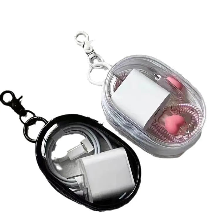 Transparent PVC data cable storage bag for digital chargers, black version with thick hook