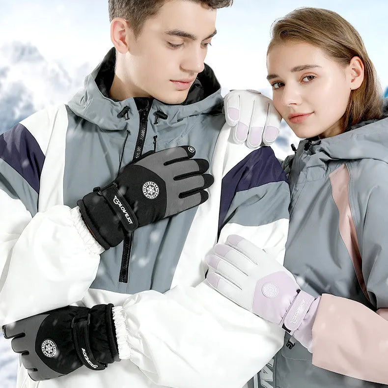 Snowflake cartoon print winter gloves with touchscreen fingertips in purple and grey colour options
