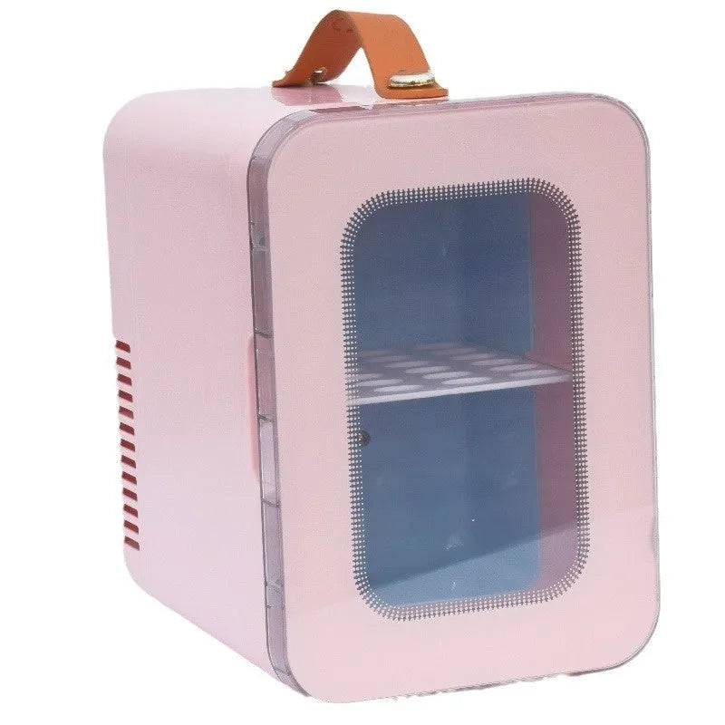 Car mini refrigerator with transparent door showing hot and cold dual-use function in black, pink or white colour options