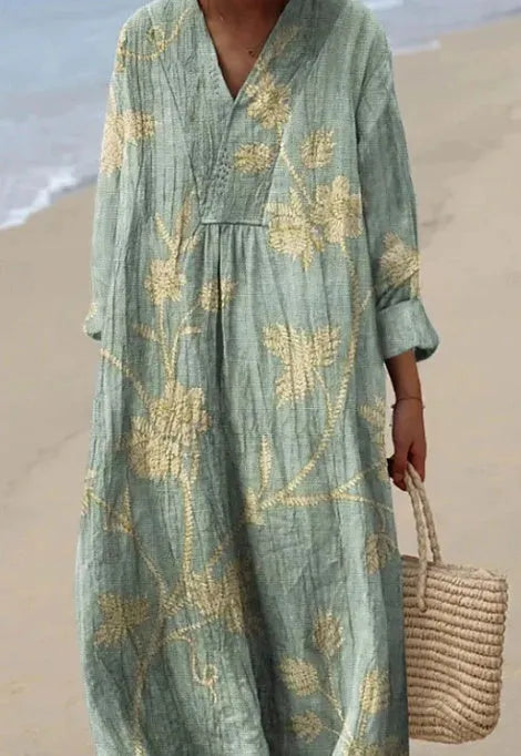 Long sleeve casual floral shirt dress with 3D printed pattern and wide waist.