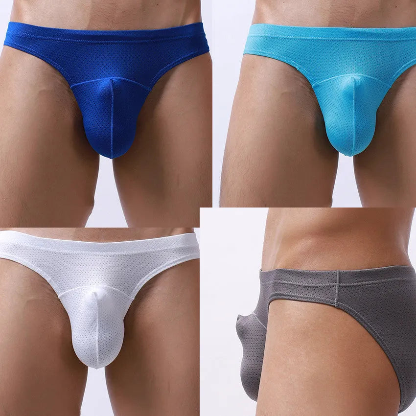 Men's transparent loose nylon underwear in colours black, blue, grey, sky blue, and white.