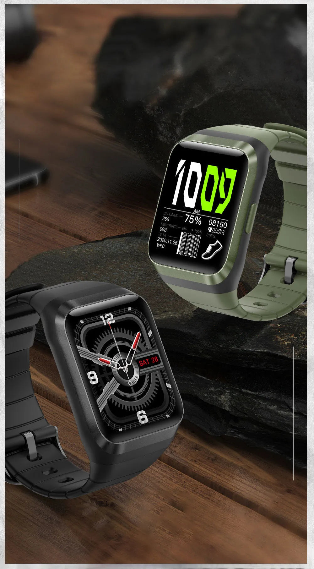 Smart outdoor watch with 1.69-inch IPS screen and silicone wristband in black, showing fitness tracking interface