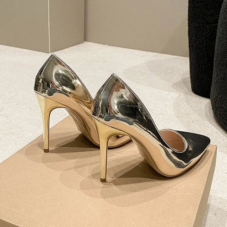 Women's pointed stiletto heel pumps in gold and silver, slip-on design, PU upper, 8cm or 10cm heel height