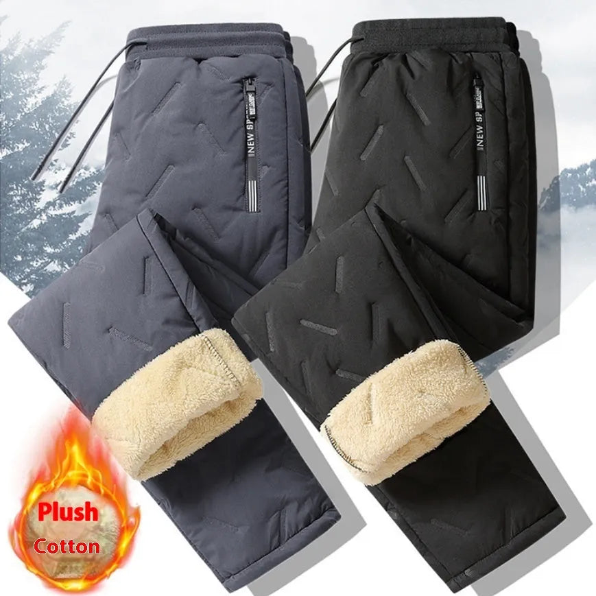 Men's winter fleece sweatpants in black straight-leg style with thick lambswool lining and elastic fabric