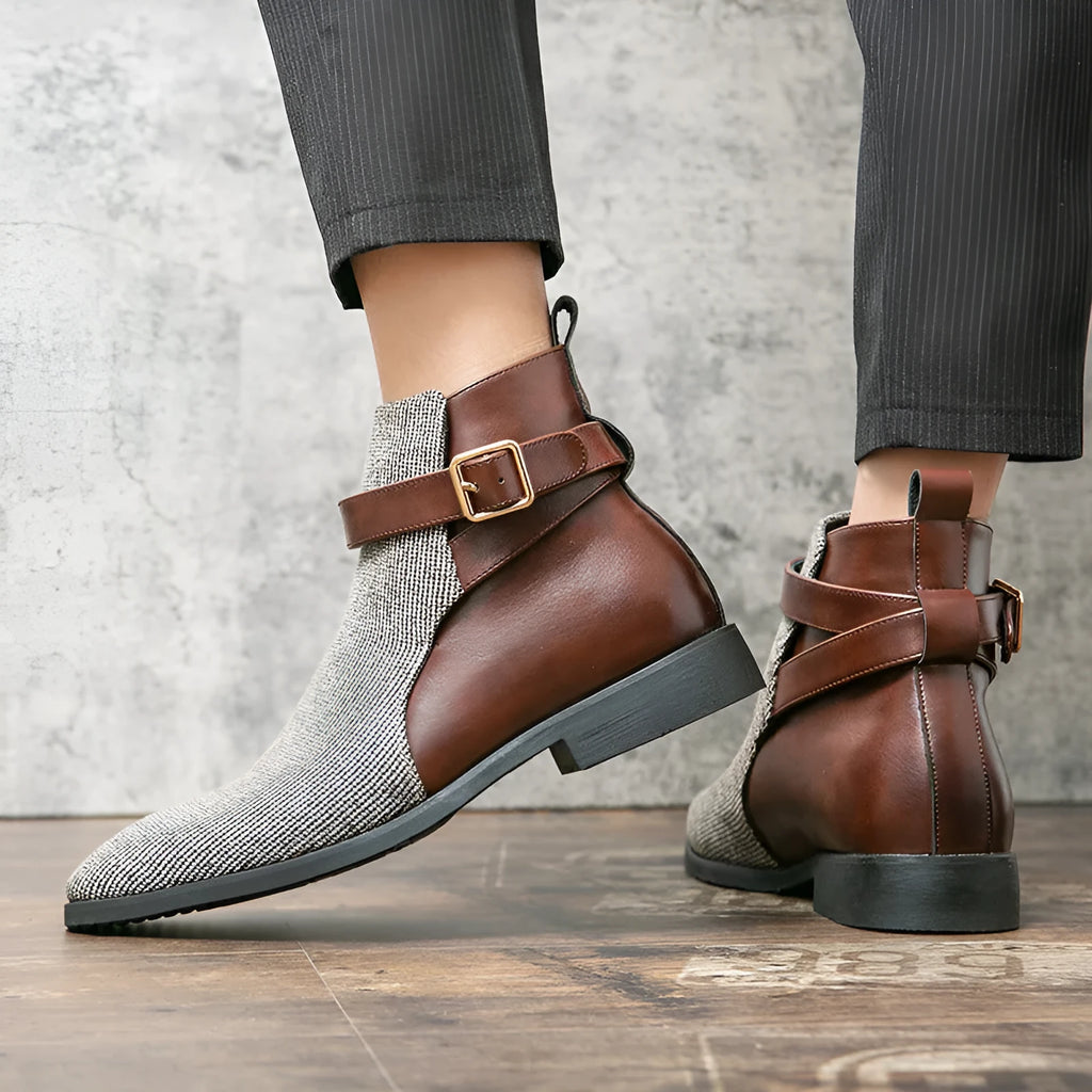 Men's high top retro platform biker boots in beige with colour block stitching and rubber sole