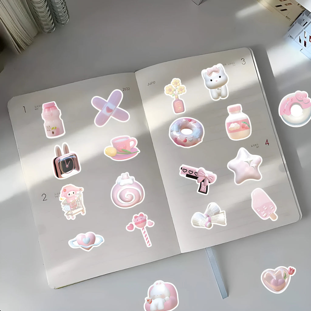 Pack of 63 pink girl heart decorative stickers with a realistic 3D effect and cute style.