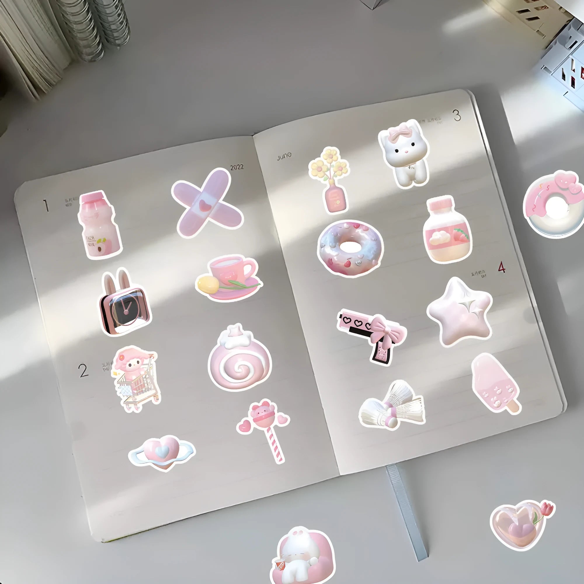 Pack of 63 pink girl heart decorative stickers with a realistic 3D effect and cute style.