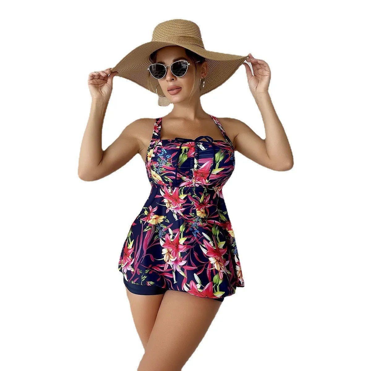 Women's high-waist skirt-style swimsuit with floral printed pattern for swimming