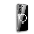Transparent MagSafe magnetic phone case for Samsung Galaxy S21 S22 S23 models on a table.