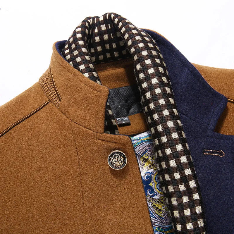 Men's woollen overcoat in khaki, navy or black with double collar and patch pockets, sizes L to XXXXL