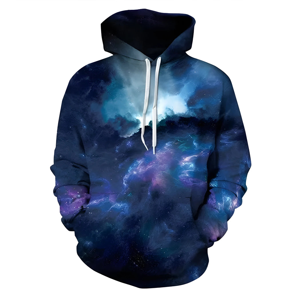 Deep blue galaxy hoodie polyester spandex pullover front view showing size range S to 3XL