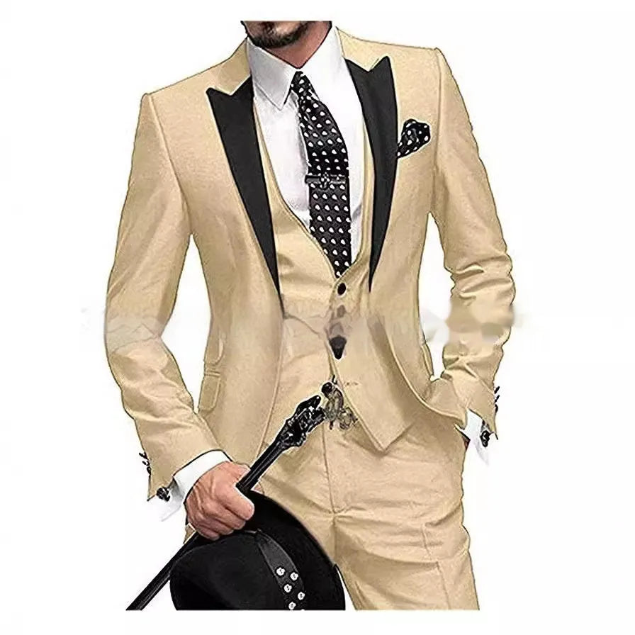 Black collar color block nylon three piece suit set with blazer vest and trousers for light business wear