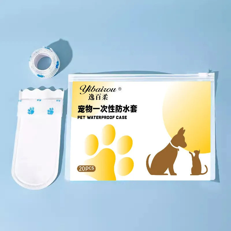 White disposable waterproof pet shoe covers with non-slip soles for small and medium dogs