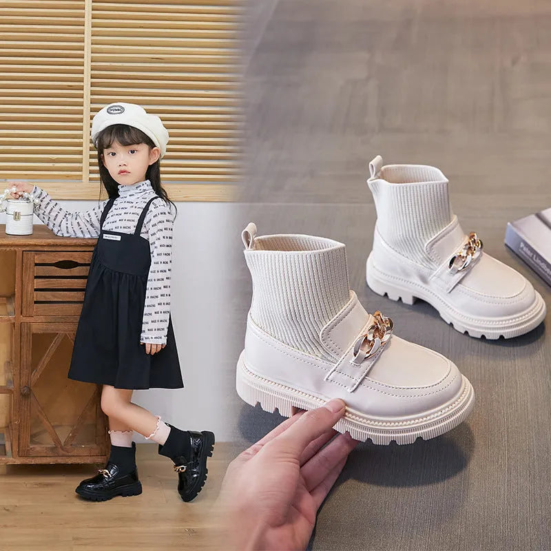 Children's knitted breathable elastic short boots sneakers in black with synthetic leather upper and rubber sole