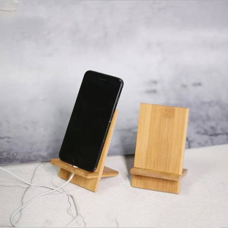 Desktop bamboo phone holder charging stand with universal tablet support, 14x8 cm, natural bamboo finish