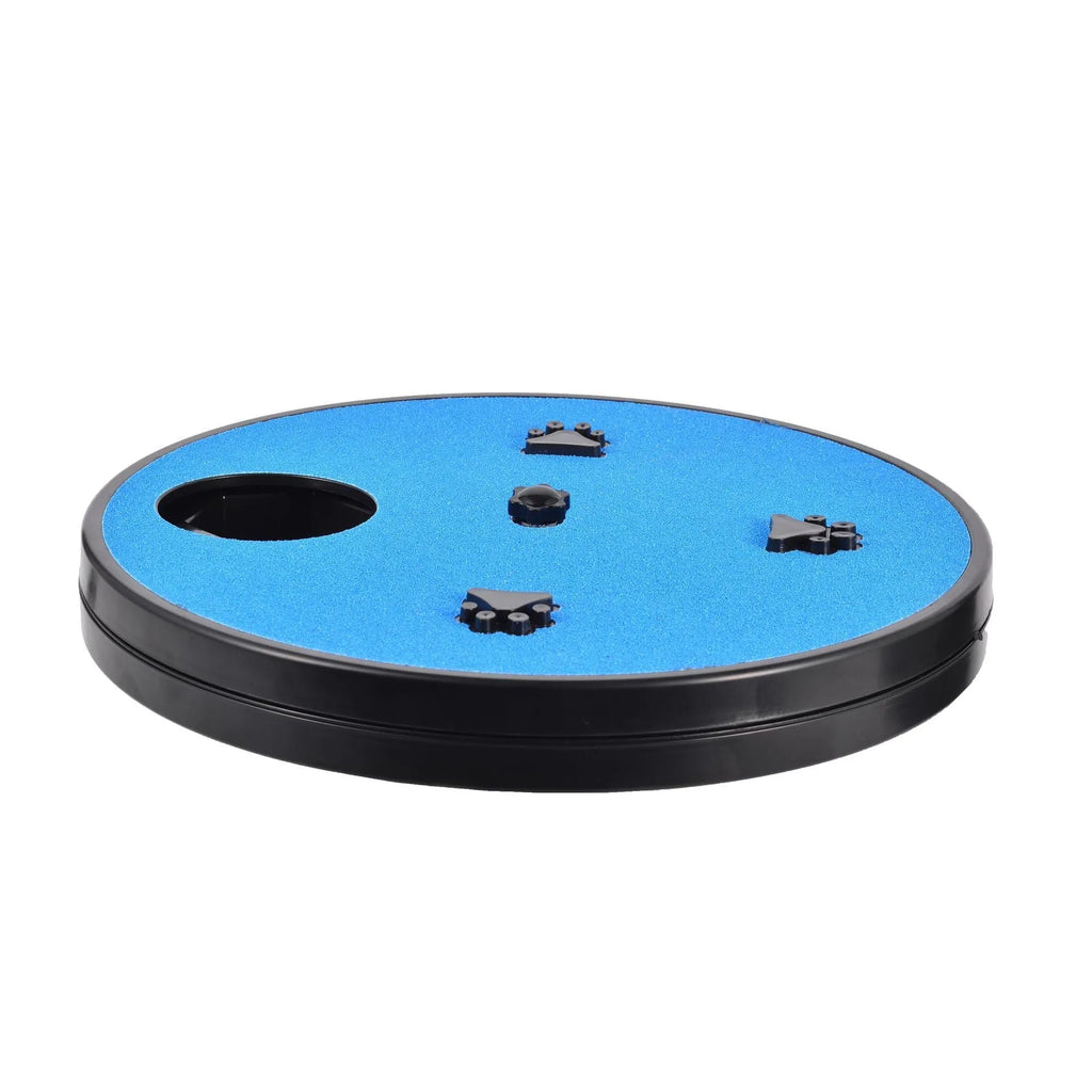 Square blue dog scratch pad with rotating top cover, suction cup base, and raised footprint guides.
