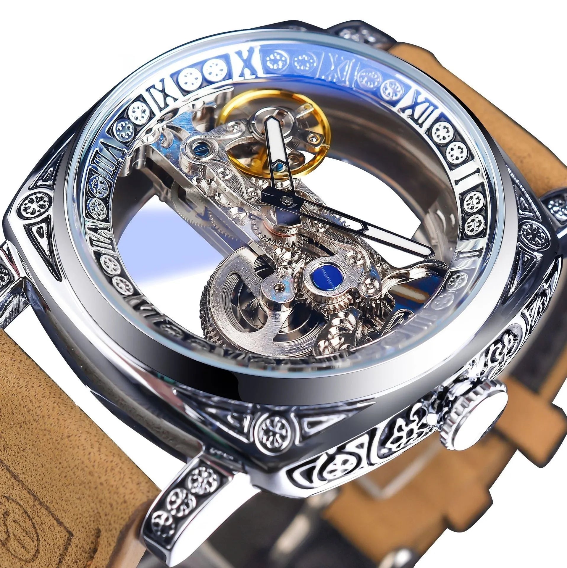 Hollow mechanical watch for men business style GMT1235-3 15mm thickness open-worked dial