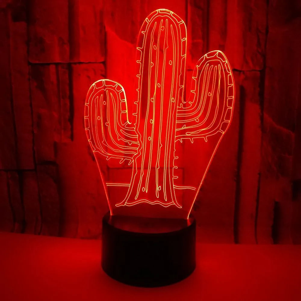 Cactus 3D night light with touch switch, 7 colours, 87x87x42mm base, USB or battery powered